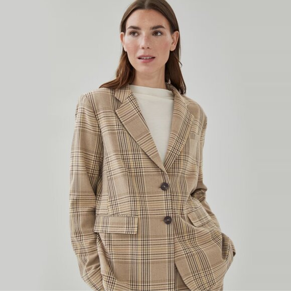 Womens Beige Plaid Single-Breasted Blazer Size L NWT Notch Collar - Picture 3 of 12